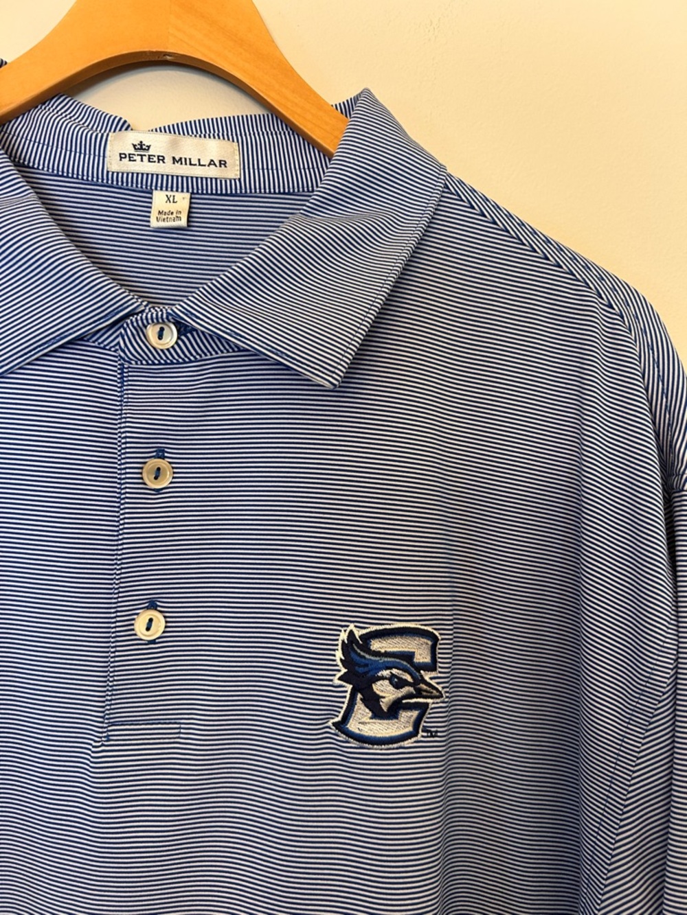 Peter Millar Blue & White Striped Polo with Embroidered Creighton Bluejay